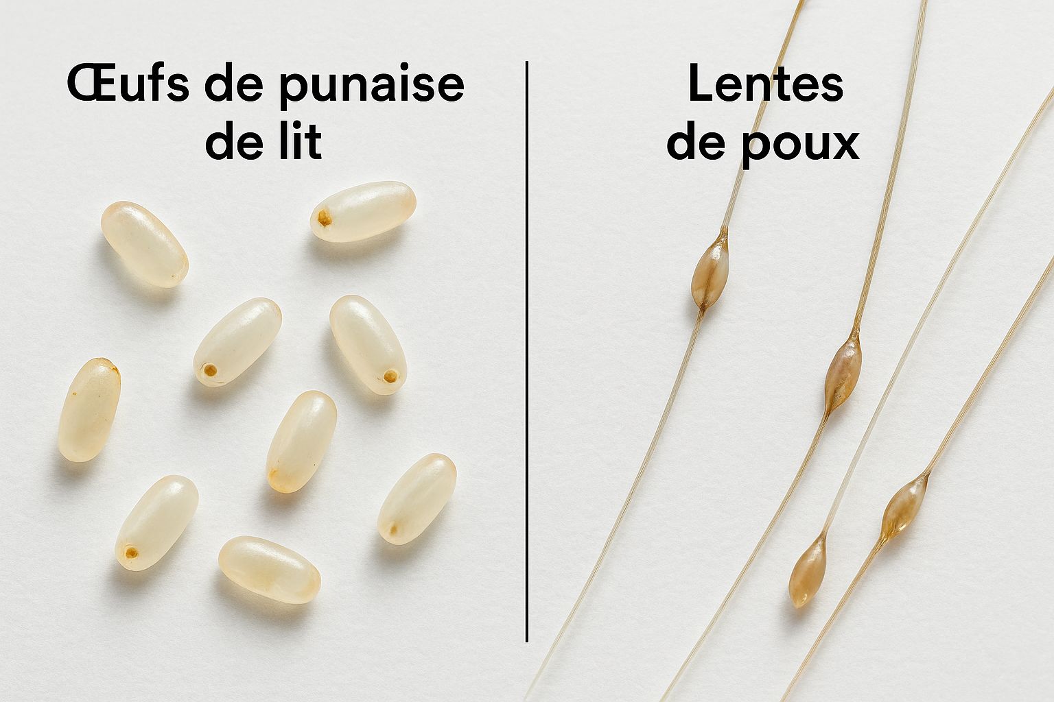 Comparatif visuel entre lentes de poux et œufs de punaises