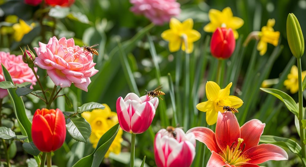 guepes actives dans un jardin fleuri au printemps ensoleille et precoce