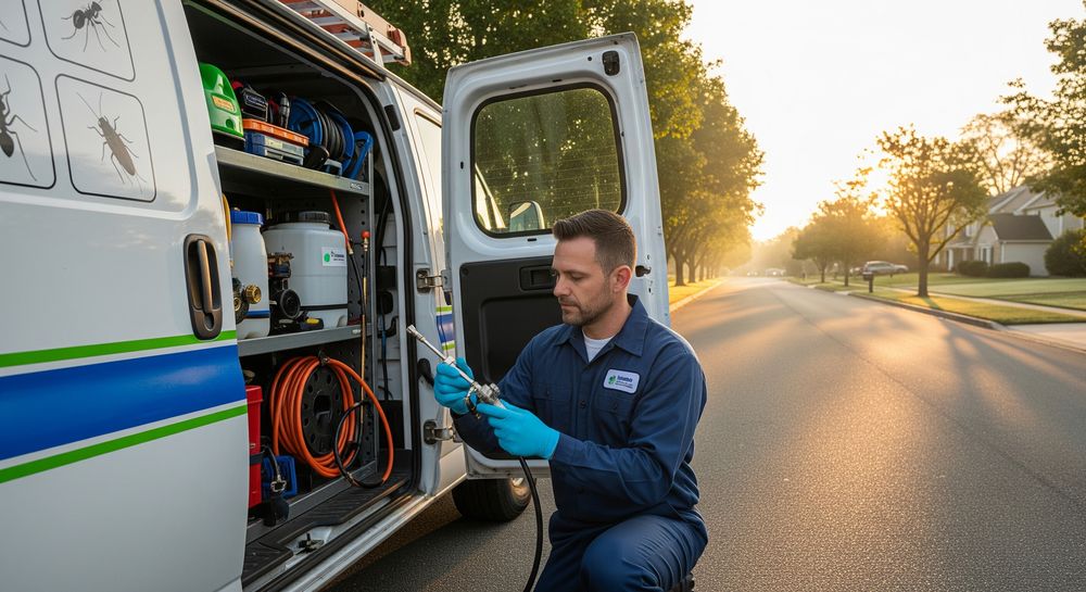 technicien se preparant a intervenir contre les frelons devant son vehicule